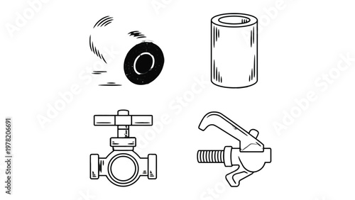 Industrial Tooling Elements: A meticulously crafted collection of industrial components, including a cylindrical part,valve and other metallic components, presented in a clean, high-contrast.