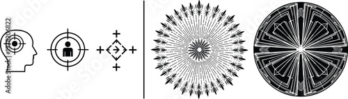 Abstract target focus and radial pattern design set featuring symmetry geometry concentration and mandala style vector illustration