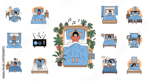 Large collection of illustrations shows various activities people do in bed like reading, working, and sleeping.