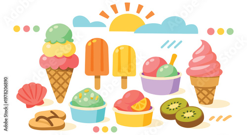 Delicious variety of ice cream cones, colorful popsicles, and frozen desserts. Perfect for cooling down on hot summer days. Sweet treats and refreshing flavors.