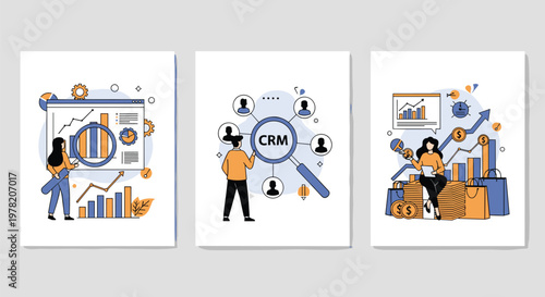 Three graphics represent customer relationship management through data analysis, user profiles, and sales growth.