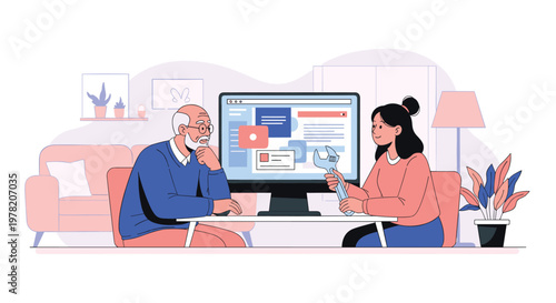 Young woman uses a wrench to help an elderly man with his computer repair in a comfortable home living room setting.