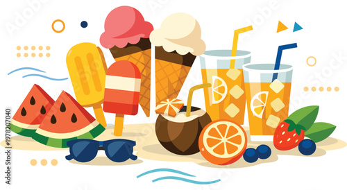 Beach setting with ice cream cones, popsicles, fruit slices, drinks, coconut. Sunglasses, orange, strawberry, blueberries. Summer refreshment and dessert.