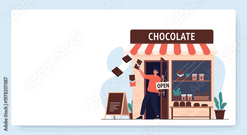 Enthusiastic shop owner opens a new chocolate store with bars of chocolate flying out and an open sign on the door.