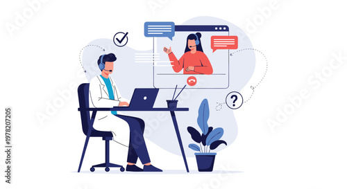 Medical professional in a white coat conducts a virtual conference with a colleague on a computer to discuss patient diagnosis and care.