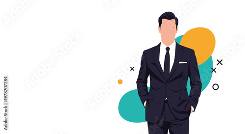 Professional male leader in a stylish business suit stands confidently against a clean background with modern abstract design elements.