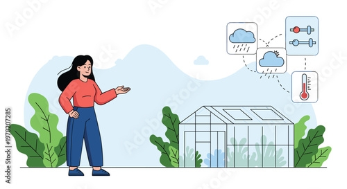 Young woman standing near a modern smart greenhouse demonstrates temperature and climate control features for sustainable agriculture.