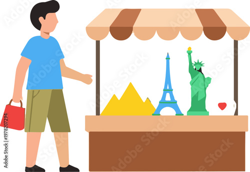 Traveler with a shopping bag exploring an outdoor market booth selling famous global landmark souvenirs.