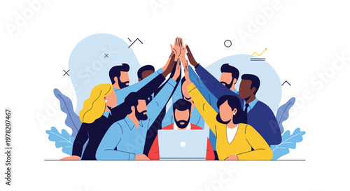 Diverse group of professional colleagues celebrates their success with a collective high five over a laptop in a modern office environment.