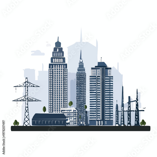 Urban cityscape illustration: modern skyscrapers power lines trees industrial buildings silhouette with cityscape illustration skyscrapers industrial