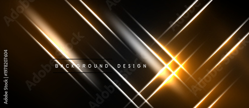 Abstract background features dynamic lines, golden hues, silver accents. Modern design evokes energy, speed, sophistication. Minimalist aesthetic.