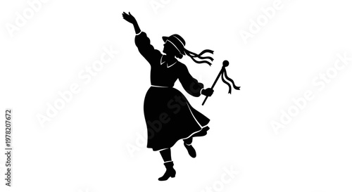 Black silhouette dancing woman, joyful female figure, vector illustration, modern dance