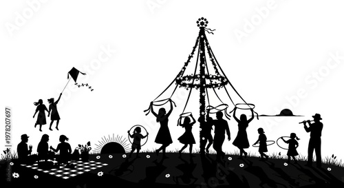 Black silhouette people dancing, maypole celebration, traditional folk dance, cultural festival