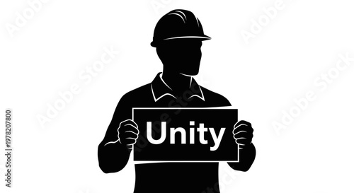Black silhouette construction worker holding Unity sign, laborer icon, worker symbol, industrial logo