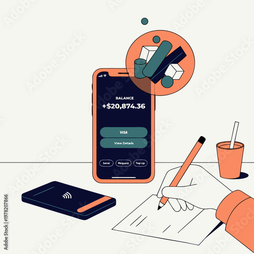 Smartphone banking screen with a handwritten budget note and income graphic in a clean fintech desk scene
