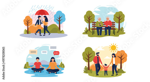 Various outdoor activities including walking in the rain, seniors on a bench, yoga meditation, and a family walk in a park.