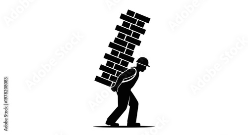 Black silhouette man carrying heavy brick wall, burden, weight, labor