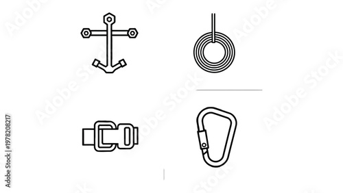 Nautical and Outdoor Icons: An array of essential nautical and outdoor equipment icons, designed in a clean, minimalist style. Perfect for themes of maritime activities and adventure.