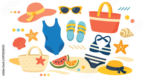 Collection of beach essentials, including swimsuits, hats, sunglasses, flip-flops, and beach bags. Perfect for seaside holidays and sunny days. Summer fashion and accessories.