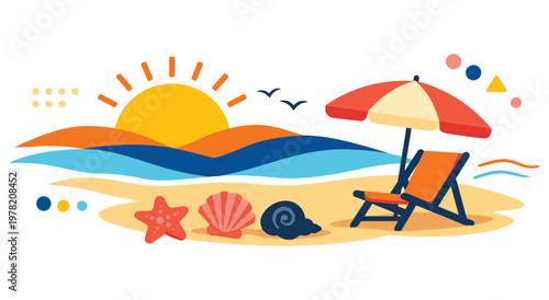 Vector illustration of beach scene at sunset with ocean waves, sand, deck chair, umbrella, and seashells. Relaxing vacation and holiday vibe.