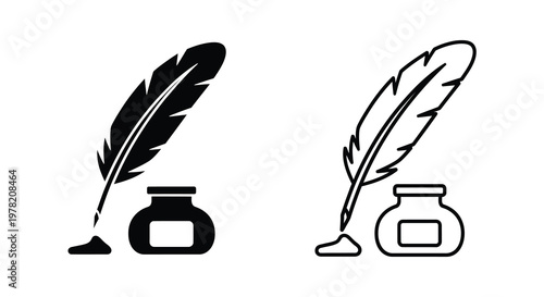 Two contrasting feather quill and inkwell designs depicted as a silhouette