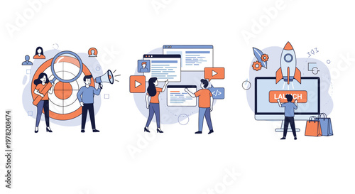 Creative business infographics show target marketing, teamwork for web development, and the successful launch of a new rocket project.