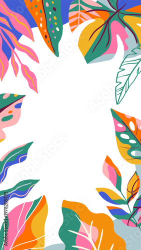 Exotic summer vertical frame with colorful jungle leaves. Modern tropical banner background and botanical poster template