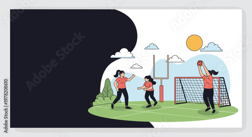 Group of active young women plays a sports game on a green field with a goal and a bright sun in the background for a fitness concept.