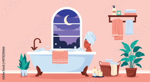 Young woman with a towel on her head enjoys a relaxing bubble bath at night while looking through an arched window.