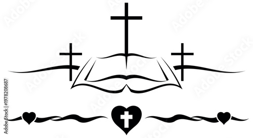 Black and white vector illustration featuring Christian symbols including an open book a large cross, two smaller crosses an ornamental heart with a cross and decorative text dividers.