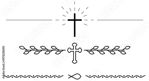 Triadic Christian symbol composition cross ornate cross and ichthys. Vector on white background