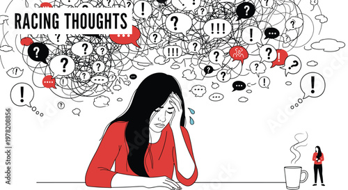 Stressed woman experiencing racing thoughts depicted by numerous speech bubbles filled with punctuation and messy lines.