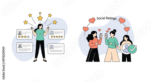 Business women analyze online reviews and social media ratings represented by star icons and heart symbols on screens.