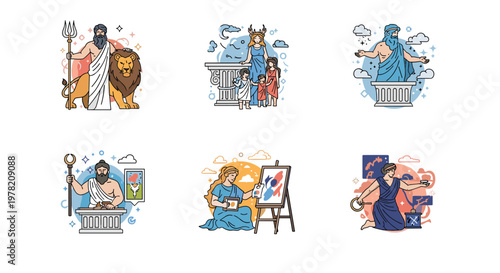 Collection of stylized illustrations depicting various figures and scenes from ancient Greek mythology and classical history.