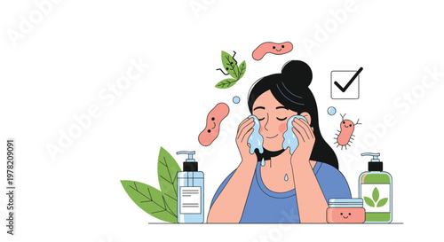 Young woman smiles while washing her face with water and cleanser surrounded by various beauty and skincare products.