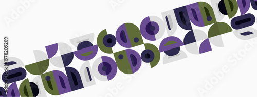 Abstract geometric shapes overlap, creating layered patterns. Purple, olive, gray tones dominate composition. Minimalist design.