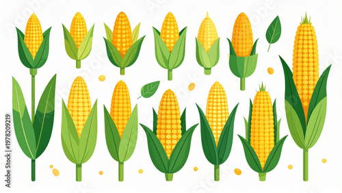 Corn Cob and Maize Plant Vector Set with Sweet Corn and Husk Leaves
