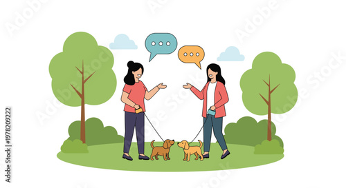 Two female friends walk their small dogs in a green park and engage in a friendly conversation represented by speech bubbles.