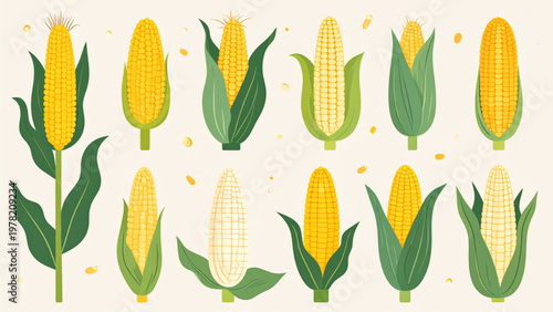Corn Cob and Maize Plant Vector Set with Sweet Corn and Husk Leaves