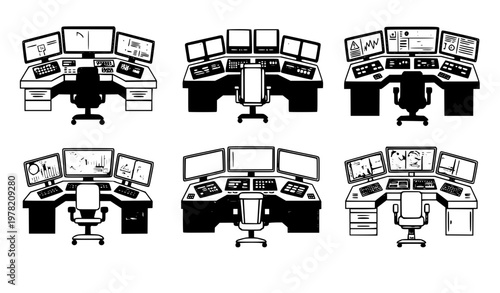 Control room operator workstation icon set with monitoring screens and consoles in flat style isolated on white background vector