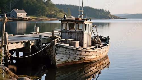 Wooden boat docked at pier near house