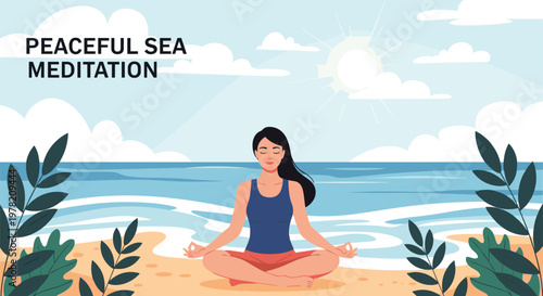 Peaceful woman practices meditation in a lotus pose on a sandy beach by the ocean during a bright and sunny day.