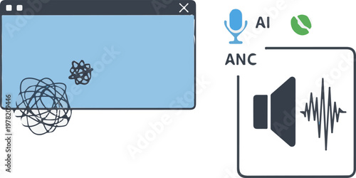 Digital interface icons showing artificial intelligence features for noise cancellation and sound processing on a modern computer display
