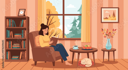 Woman relaxes in a cozy armchair reading a book in a living room with a bookshelf and autumn trees visible through the window.