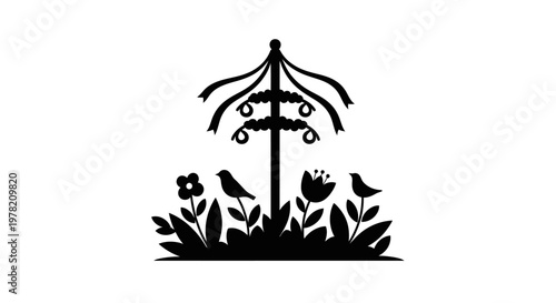 Bird Feeder, Garden, Floral, Black Silhouette Icon