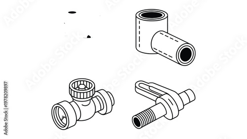 Plumbing Components: A detailed illustration of various plumbing components, showcasing the essential elements used in water and fluid conveyance systems.