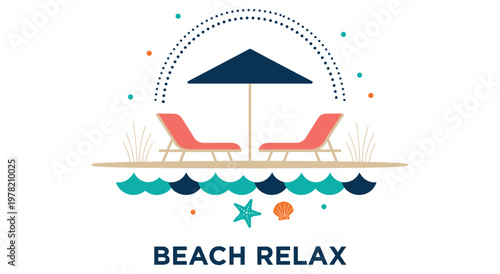 Serene beach relax scene showcases a protective umbrella, comfortable lounge chairs, and gentle ocean waves, creating an atmosphere of ultimate leisure. Ideal for travel and vacation concepts.