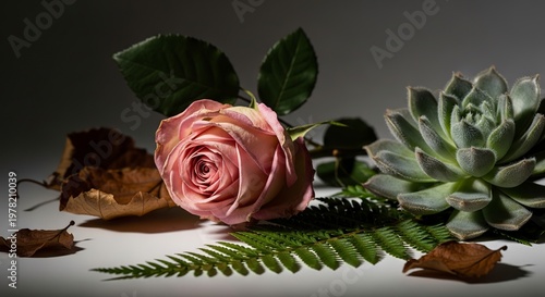 Rose and Succulent Still Life Composition.