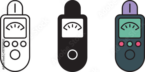 Three handheld meter vector icons with a gauge display and control buttons in various styles