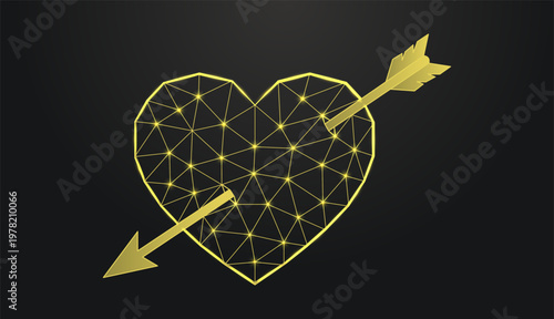 Low poly wireframe gold heart pierced by an arrow on dark background.